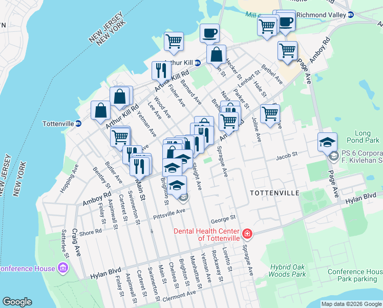 map of restaurants, bars, coffee shops, grocery stores, and more near 350 Lee Avenue in Staten Island