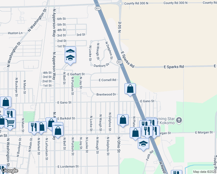 map of restaurants, bars, coffee shops, grocery stores, and more near 1024 East Fischer Street in Kokomo