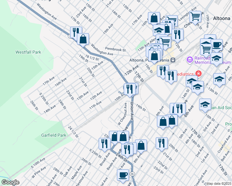 map of restaurants, bars, coffee shops, grocery stores, and more near 1913 11th Avenue in Altoona