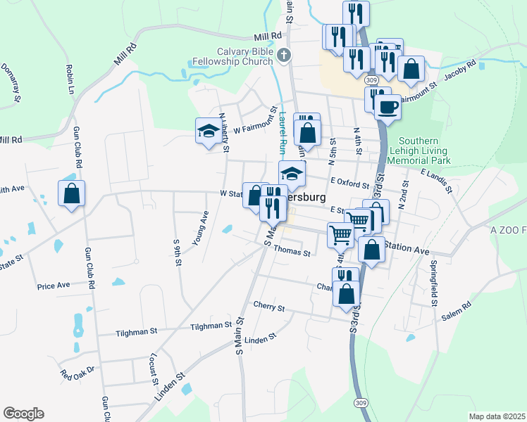 map of restaurants, bars, coffee shops, grocery stores, and more near 25 John Alley in Coopersburg