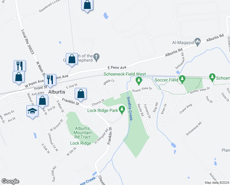 map of restaurants, bars, coffee shops, grocery stores, and more near 309 Maple Court in Alburtis