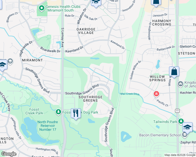 map of restaurants, bars, coffee shops, grocery stores, and more near 1466 Front Nine Drive in Fort Collins