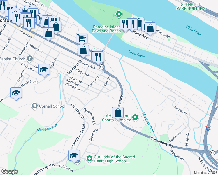 map of restaurants, bars, coffee shops, grocery stores, and more near 721 Vine Street in Coraopolis