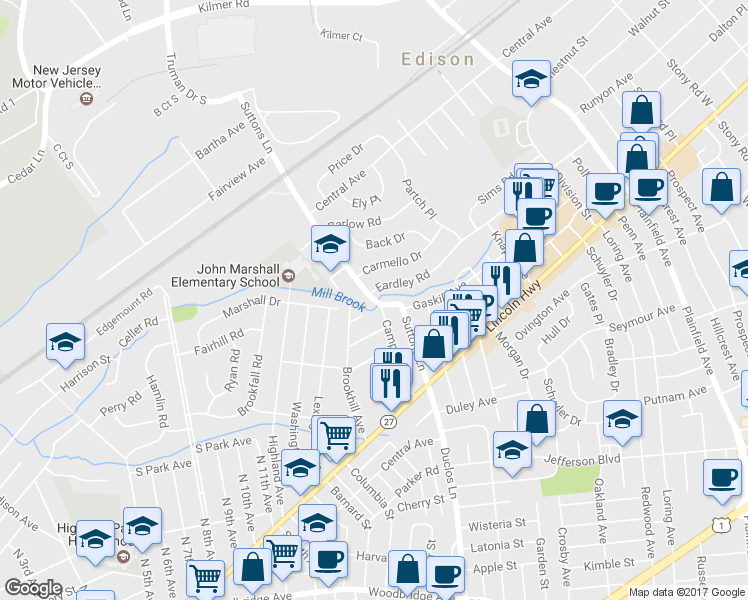 map of restaurants, bars, coffee shops, grocery stores, and more near 274 Suttons Lane in Edison
