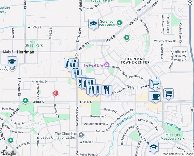 map of restaurants, bars, coffee shops, grocery stores, and more near 5434 Pemberton Lane in Herriman