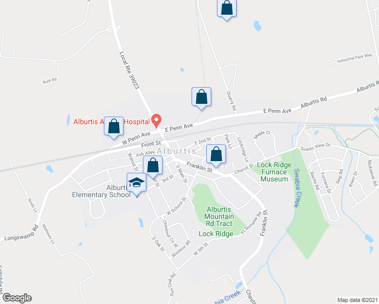 map of restaurants, bars, coffee shops, grocery stores, and more near 235 East Stone Alley in Alburtis
