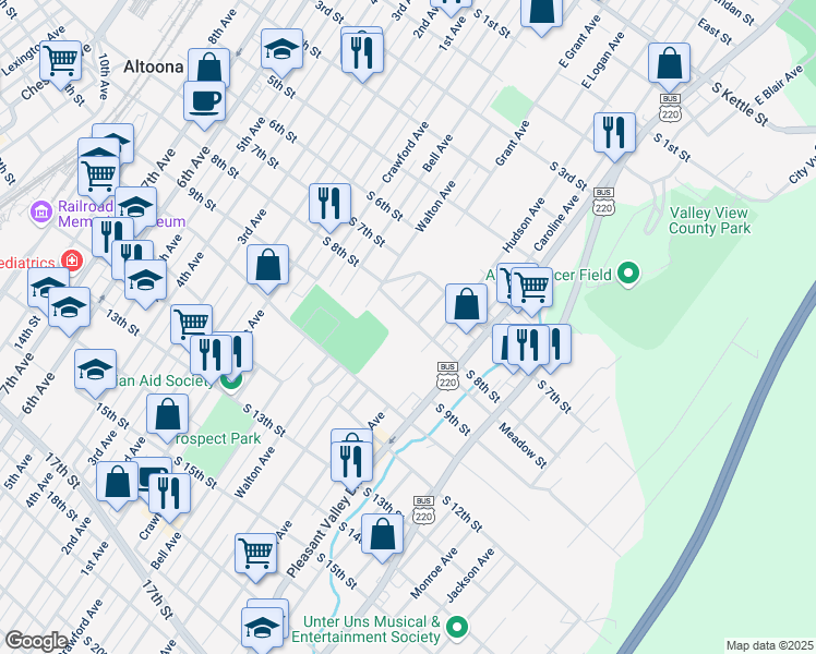 map of restaurants, bars, coffee shops, grocery stores, and more near 613-15 South 8th Street in Altoona