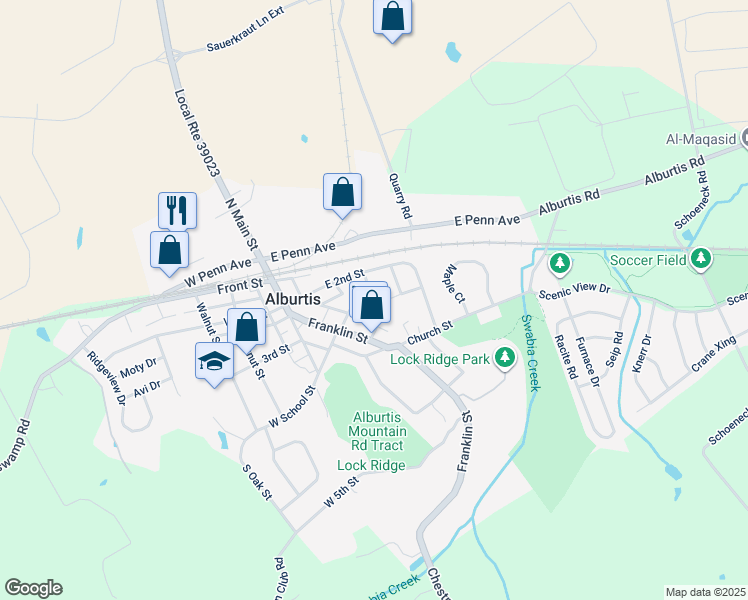 map of restaurants, bars, coffee shops, grocery stores, and more near 147 Roberts Street in Alburtis