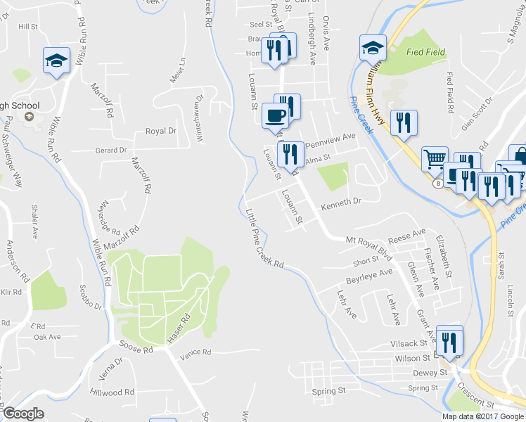 map of restaurants, bars, coffee shops, grocery stores, and more near 532 Little Pine Creek Road in Pittsburgh