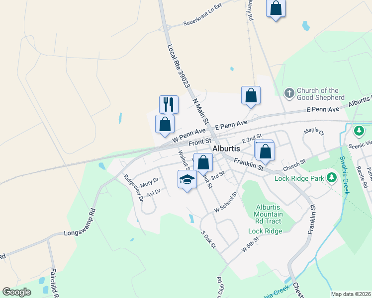 map of restaurants, bars, coffee shops, grocery stores, and more near 115 West 2nd Street in Alburtis