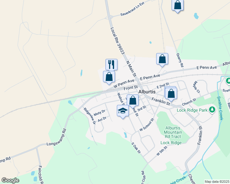 map of restaurants, bars, coffee shops, grocery stores, and more near 240 Front Street in Alburtis