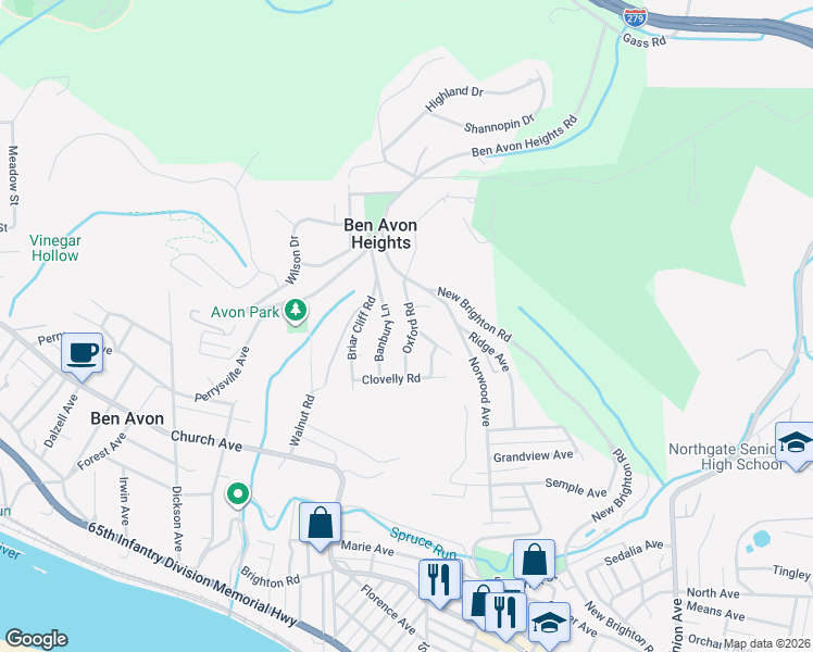 map of restaurants, bars, coffee shops, grocery stores, and more near 17 Oxford Road in Pittsburgh