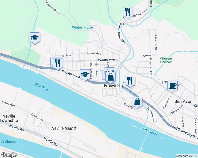 map of restaurants, bars, coffee shops, grocery stores, and more near 150 North Avenue in Emsworth