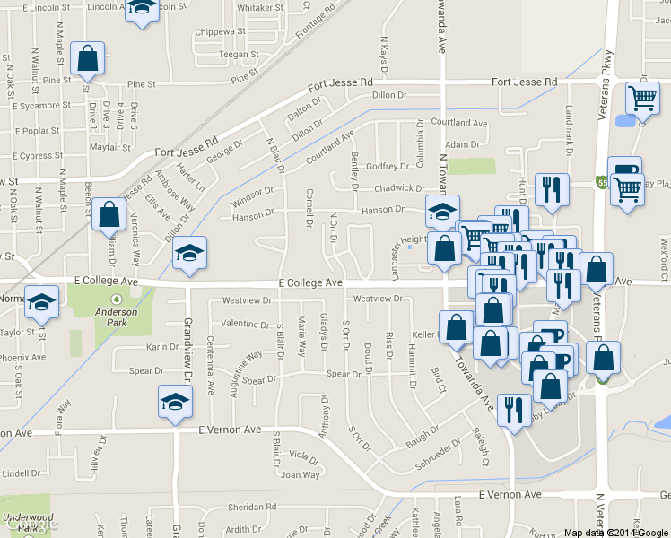 map of restaurants, bars, coffee shops, grocery stores, and more near 1310 Westview Drive in Normal