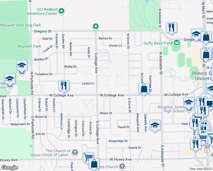 map of restaurants, bars, coffee shops, grocery stores, and more near 103 College Park Court in Normal