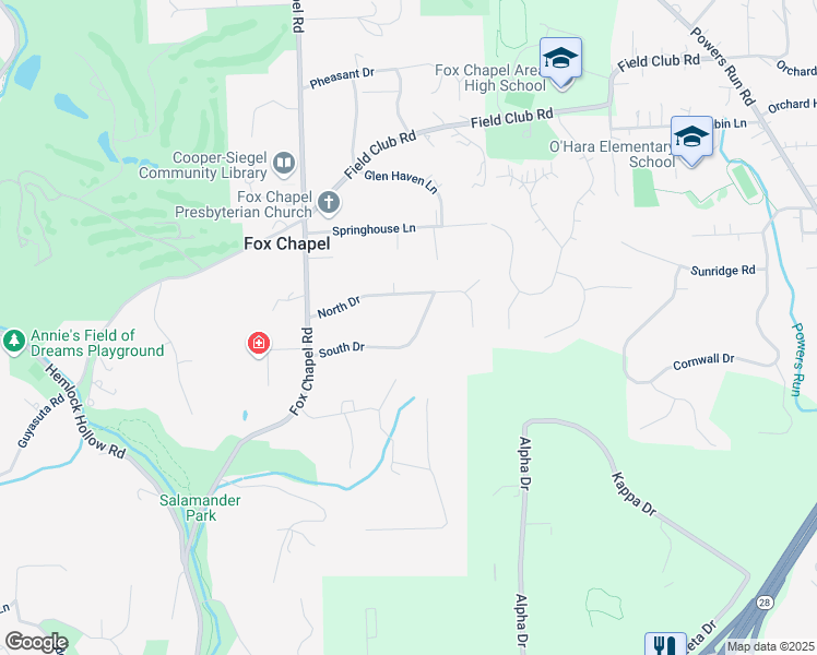 map of restaurants, bars, coffee shops, grocery stores, and more near 127 South Drive in Pittsburgh