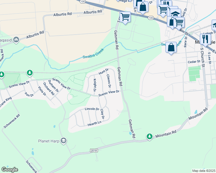 map of restaurants, bars, coffee shops, grocery stores, and more near 3680 Clauss Drive in Macungie