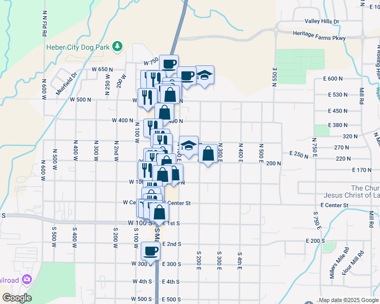 map of restaurants, bars, coffee shops, grocery stores, and more near 101 East 200 North in Heber City