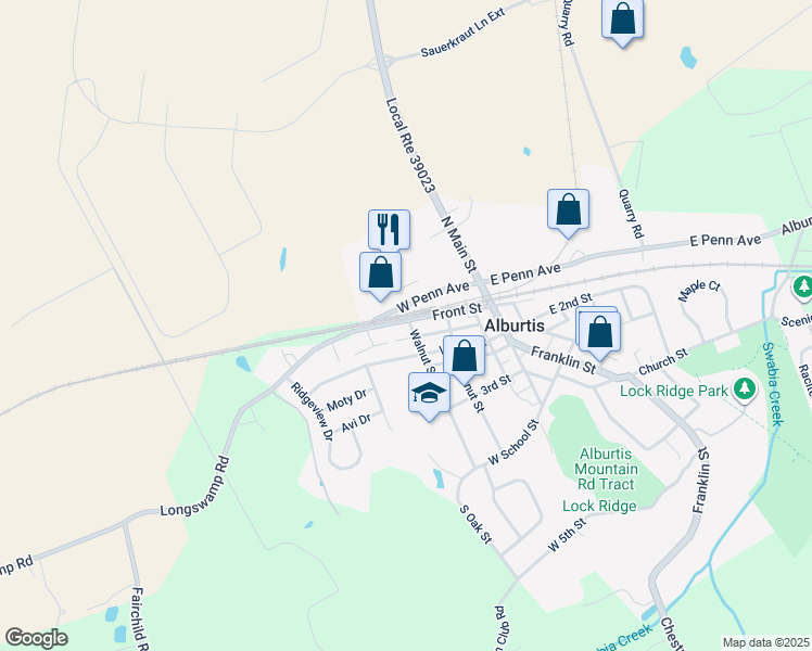 map of restaurants, bars, coffee shops, grocery stores, and more near 206 Front Street in Alburtis