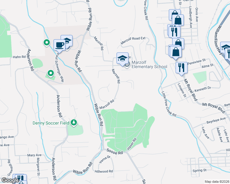 map of restaurants, bars, coffee shops, grocery stores, and more near 325 Marzolf Road in Pittsburgh