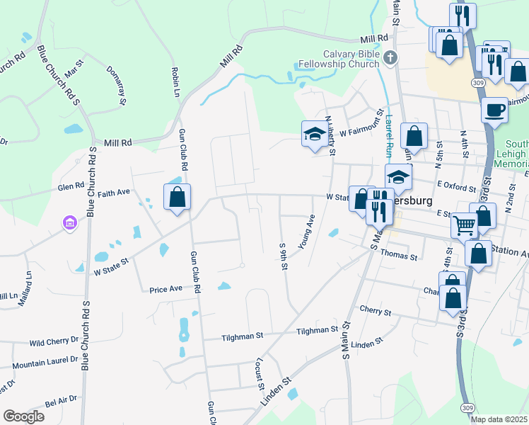 map of restaurants, bars, coffee shops, grocery stores, and more near 168 Ashford Drive in Coopersburg