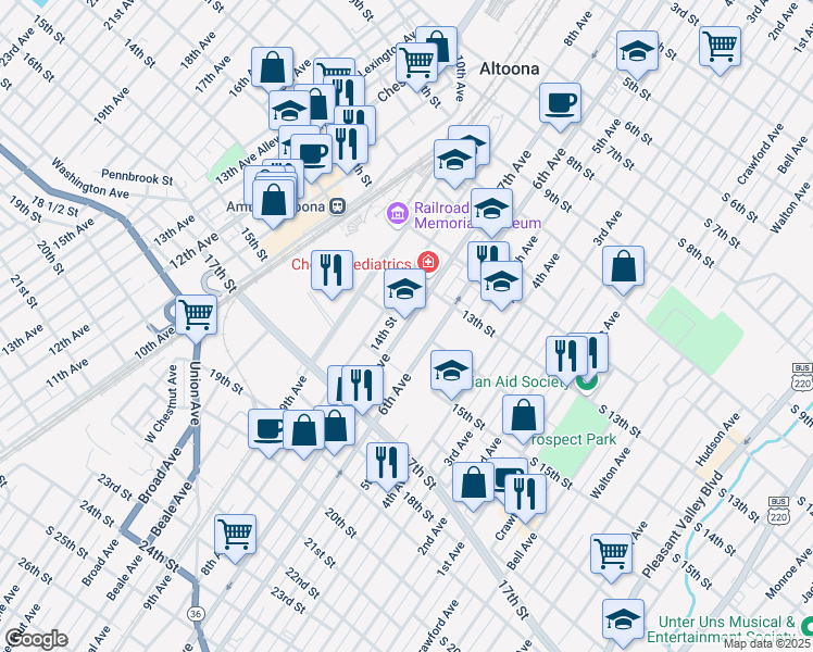 map of restaurants, bars, coffee shops, grocery stores, and more near 1400 7th Avenue in Altoona