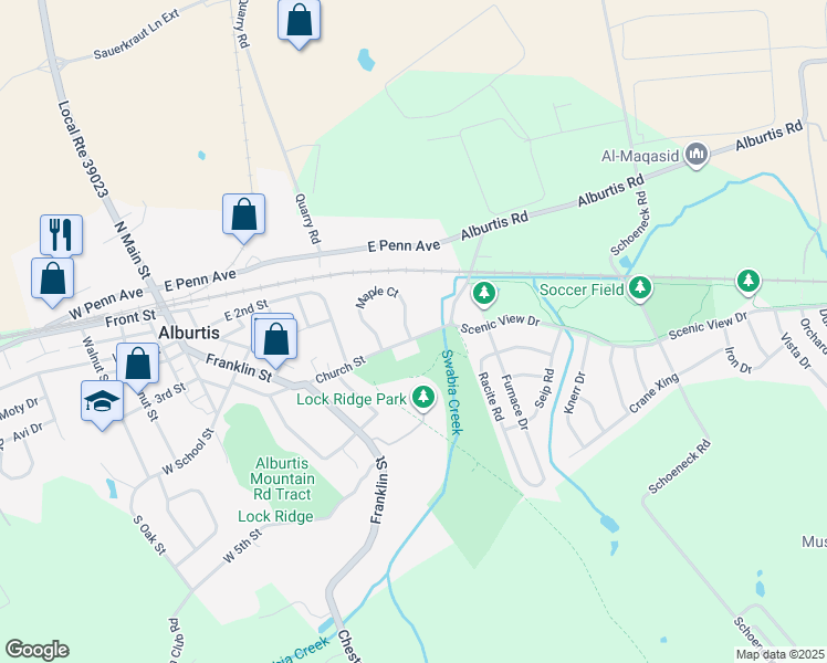 map of restaurants, bars, coffee shops, grocery stores, and more near 312 Maple Court in Alburtis