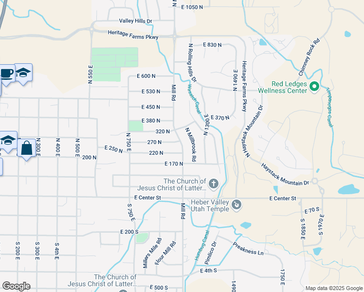 map of restaurants, bars, coffee shops, grocery stores, and more near 280 Mill Road in Heber City
