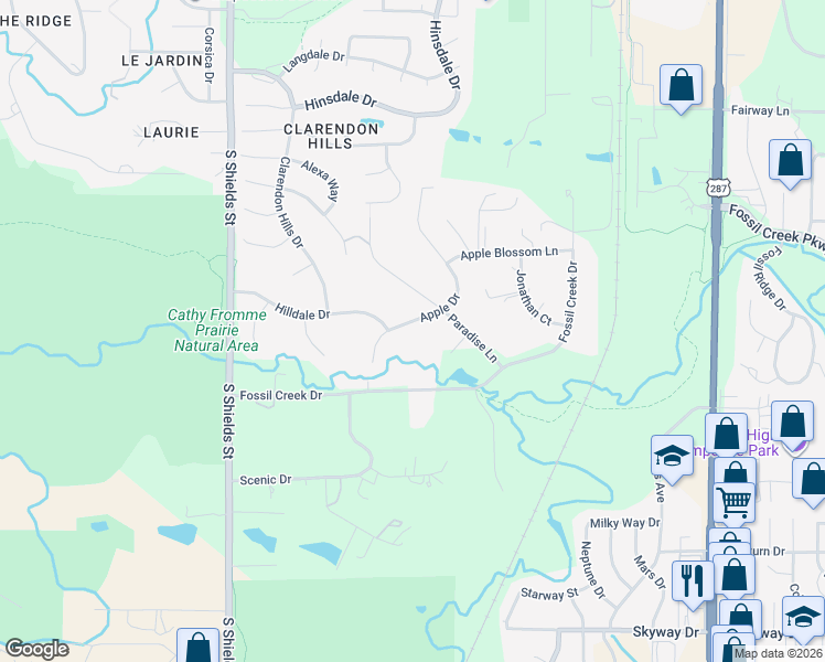 map of restaurants, bars, coffee shops, grocery stores, and more near 5420 Apple Drive in Fort Collins