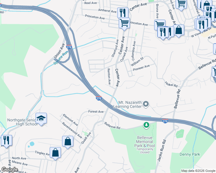 map of restaurants, bars, coffee shops, grocery stores, and more near 18 Oakridge Road in Pittsburgh