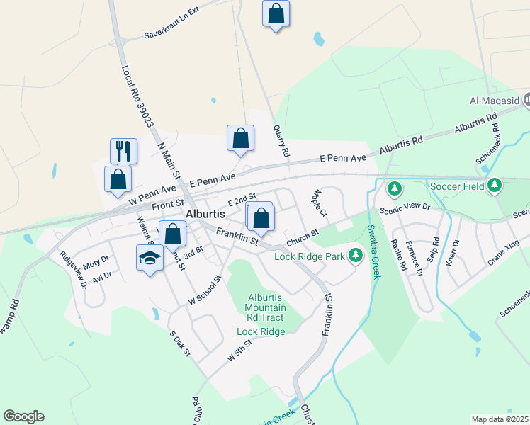 map of restaurants, bars, coffee shops, grocery stores, and more near 151 Roberts Street in Alburtis