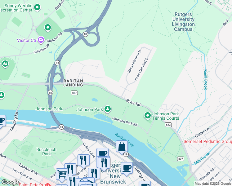 map of restaurants, bars, coffee shops, grocery stores, and more near 1371 County Road 622 in Piscataway