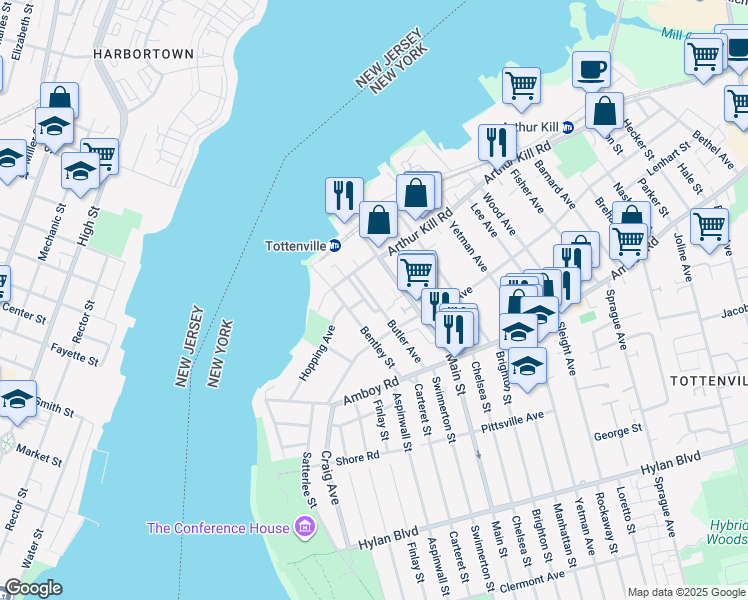 map of restaurants, bars, coffee shops, grocery stores, and more near 160 Butler Avenue in Staten Island