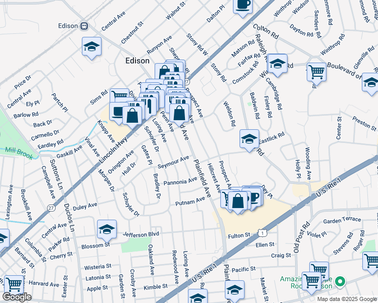 map of restaurants, bars, coffee shops, grocery stores, and more near 206 Plainfield Avenue in Edison