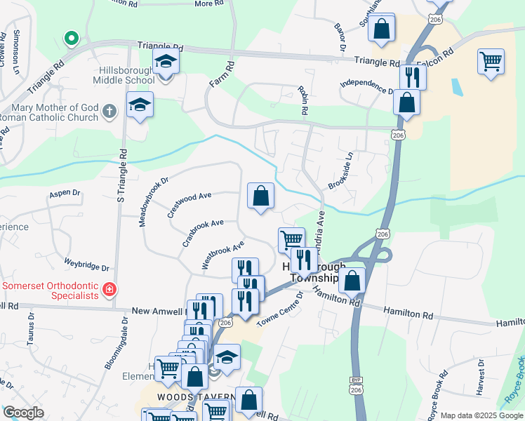 map of restaurants, bars, coffee shops, grocery stores, and more near 32 Deanna Drive in Somerset County