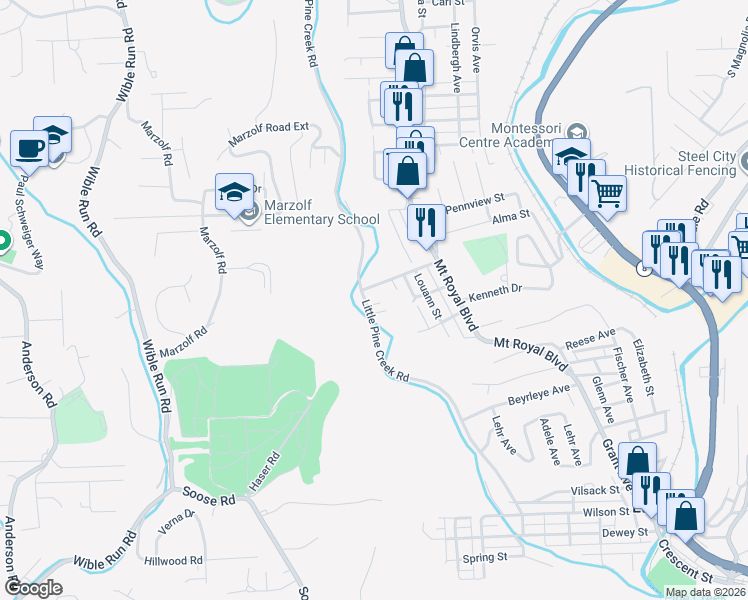 map of restaurants, bars, coffee shops, grocery stores, and more near 532 Little Pine Creek Road in Pittsburgh