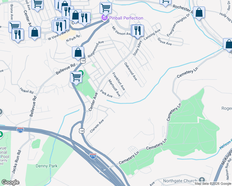 map of restaurants, bars, coffee shops, grocery stores, and more near 54 Park Avenue in West View