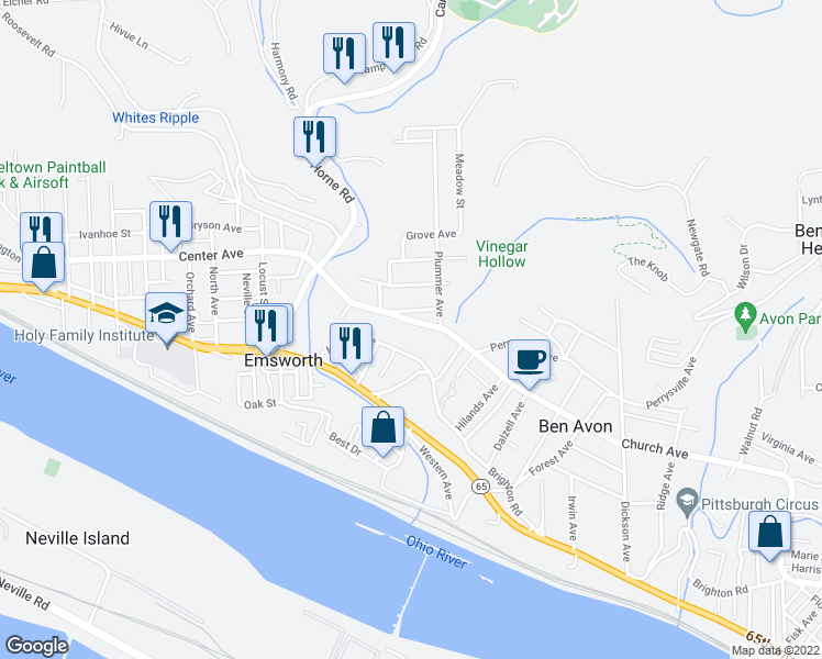 map of restaurants, bars, coffee shops, grocery stores, and more near 28 Hiland Avenue in Pittsburgh