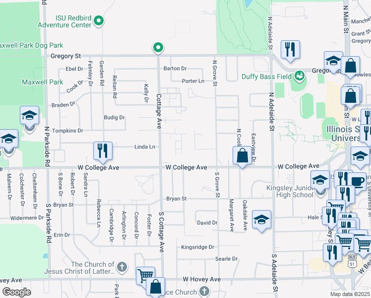 map of restaurants, bars, coffee shops, grocery stores, and more near 1117 Parliament Road in Normal