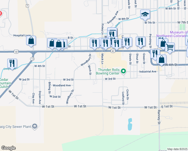 map of restaurants, bars, coffee shops, grocery stores, and more near 1380 West 3rd Street in Craig