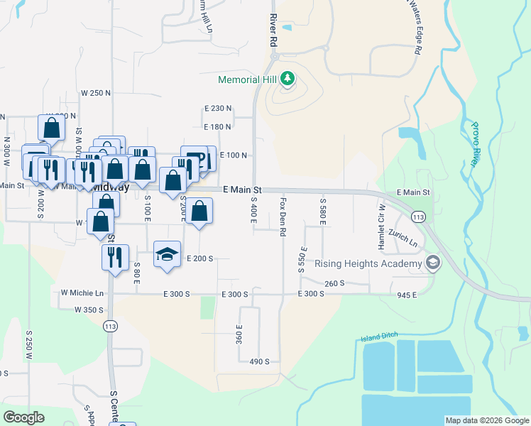 map of restaurants, bars, coffee shops, grocery stores, and more near 64 South 450 East in Midway