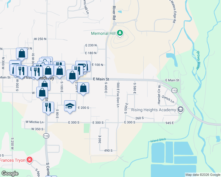 map of restaurants, bars, coffee shops, grocery stores, and more near 105 South 400 East in Heber City