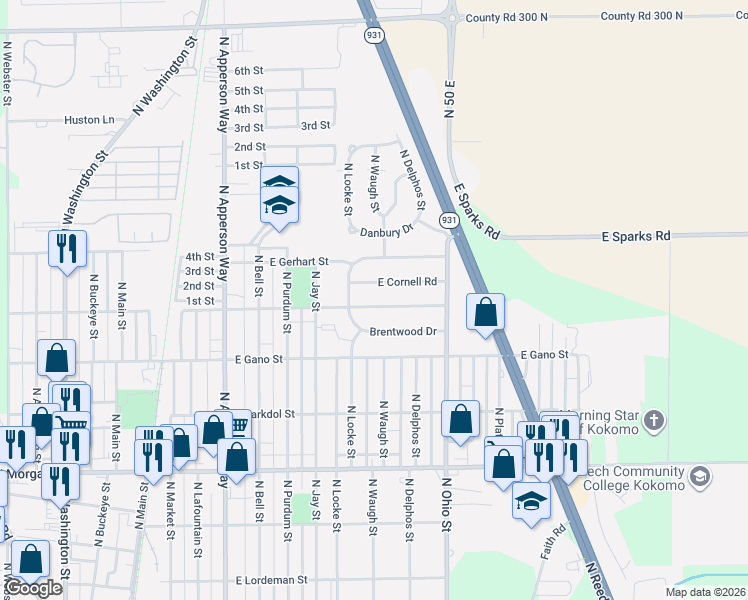 map of restaurants, bars, coffee shops, grocery stores, and more near 909 East Fischer Street in Kokomo