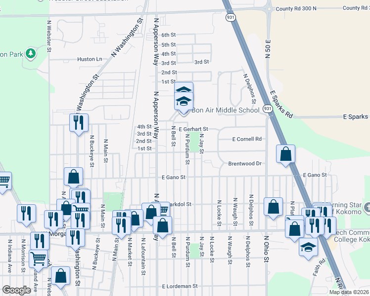 map of restaurants, bars, coffee shops, grocery stores, and more near 2444 North Purdum Street in Kokomo