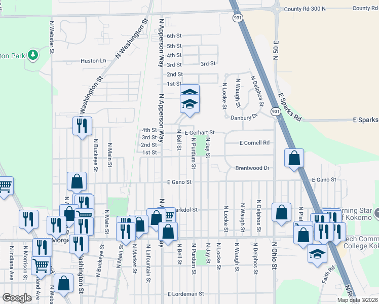map of restaurants, bars, coffee shops, grocery stores, and more near 2444 North Purdum Street in Kokomo