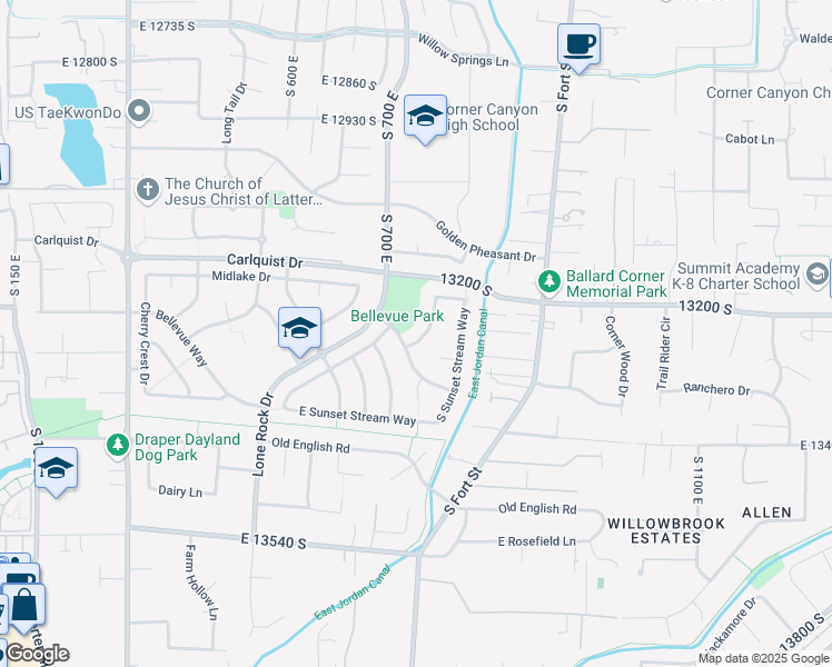 map of restaurants, bars, coffee shops, grocery stores, and more near 13258 South Medina Drive in Draper