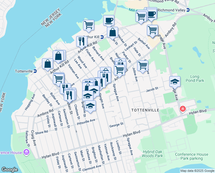 map of restaurants, bars, coffee shops, grocery stores, and more near 36 Sprague Avenue in Staten Island