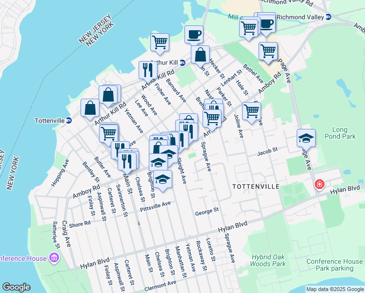 map of restaurants, bars, coffee shops, grocery stores, and more near 7357 Amboy Road in Staten Island