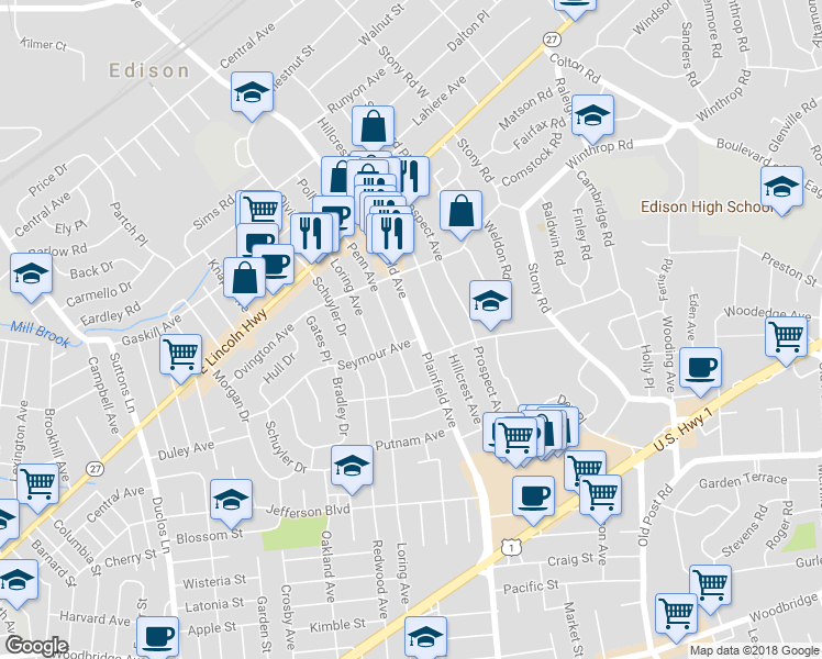 map of restaurants, bars, coffee shops, grocery stores, and more near 206 Plainfield Avenue in Edison