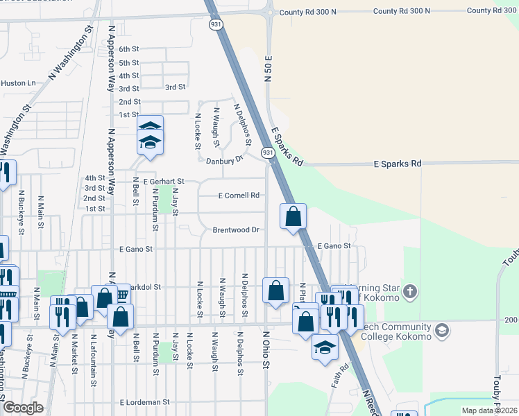 map of restaurants, bars, coffee shops, grocery stores, and more near 1156 East Fischer Street in Kokomo